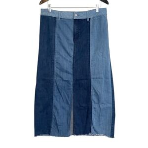 Est. 1946 Denim Colorblock Paneled Maxi Skirt Blue Mixed Wash Raw Hem Size 14